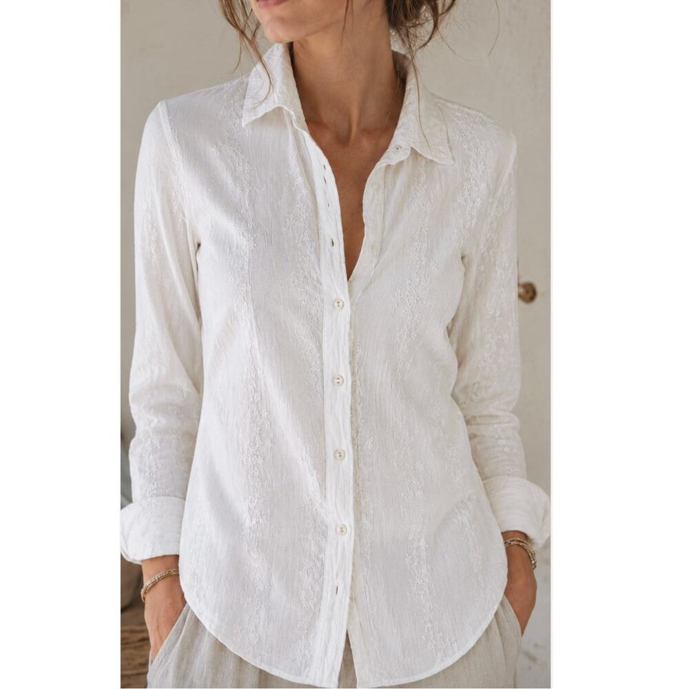 Cino White Embroidered Crinkle Button Front Blouse Shirt Boho Cottagecore Size S